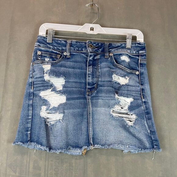 American Eagle Skirt Women's 8 Blue Distressed Zip Fly Button Rips - Picture 1 of 10